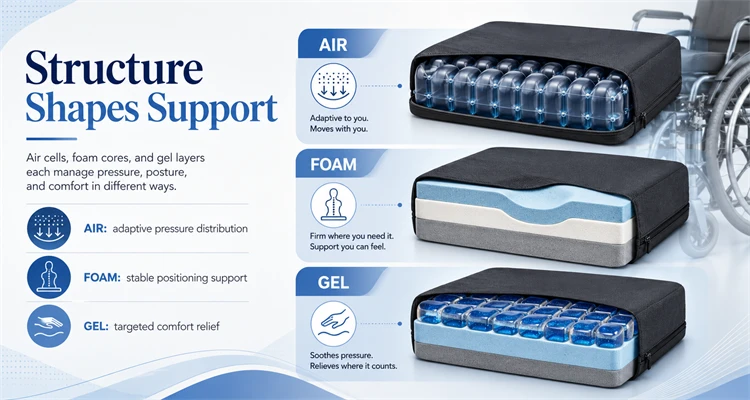 Air Foam and Gel Wheelchair Cushions Compared by Structure 2 wheelchair cushions
